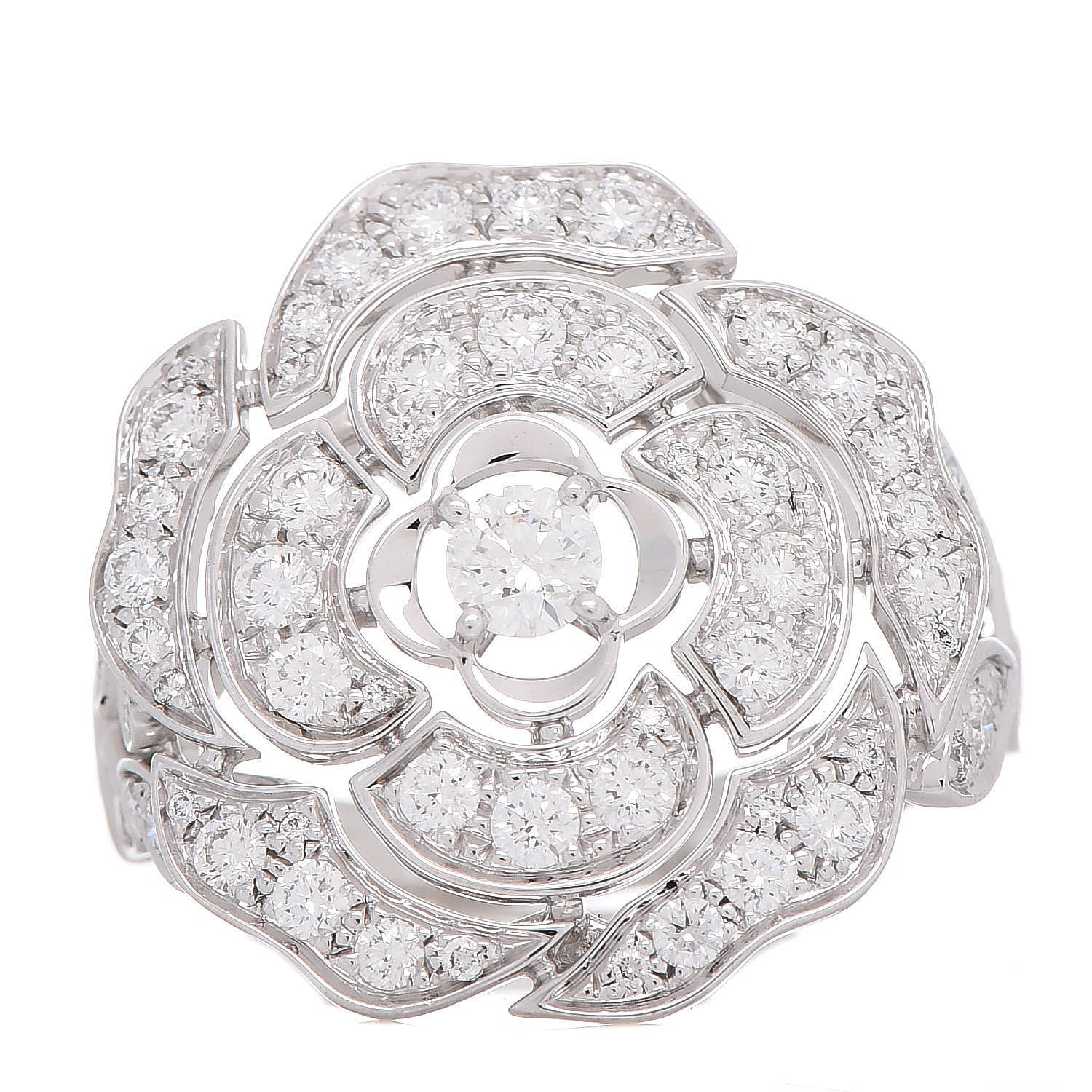 Chanel 18K White Gold Diamond Bouton de Camélia Ring 56 7.5 1 of 7