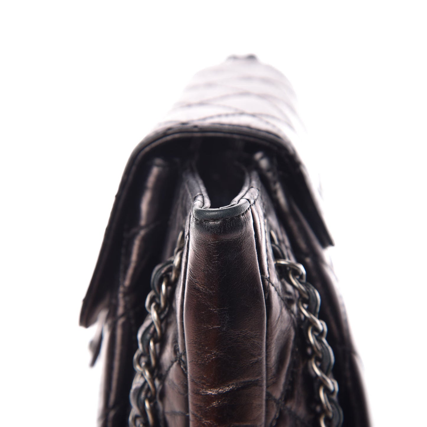 Glazed Calfskin Quilted Accordion Flap Black