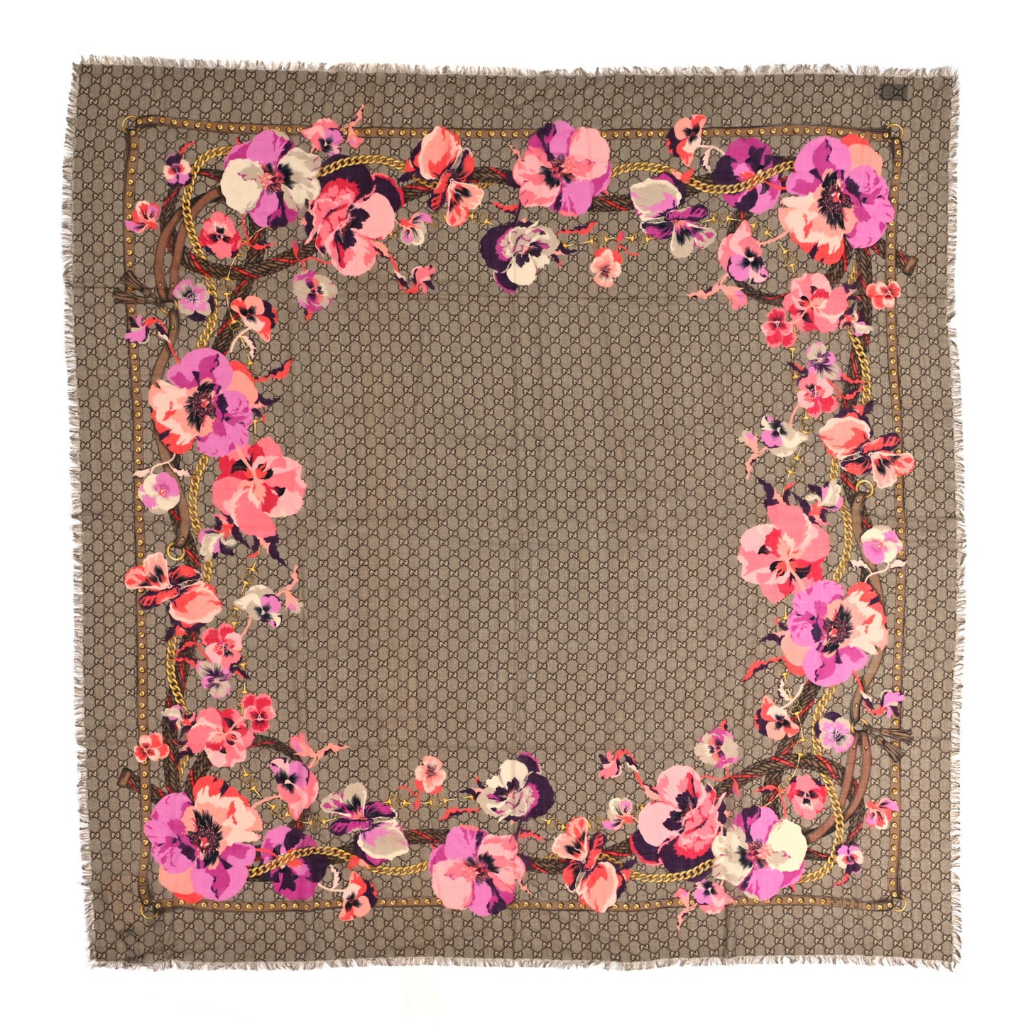 Wool Jacquard GG Monogram Big Panshie Fringe Shawl Roseate Beige