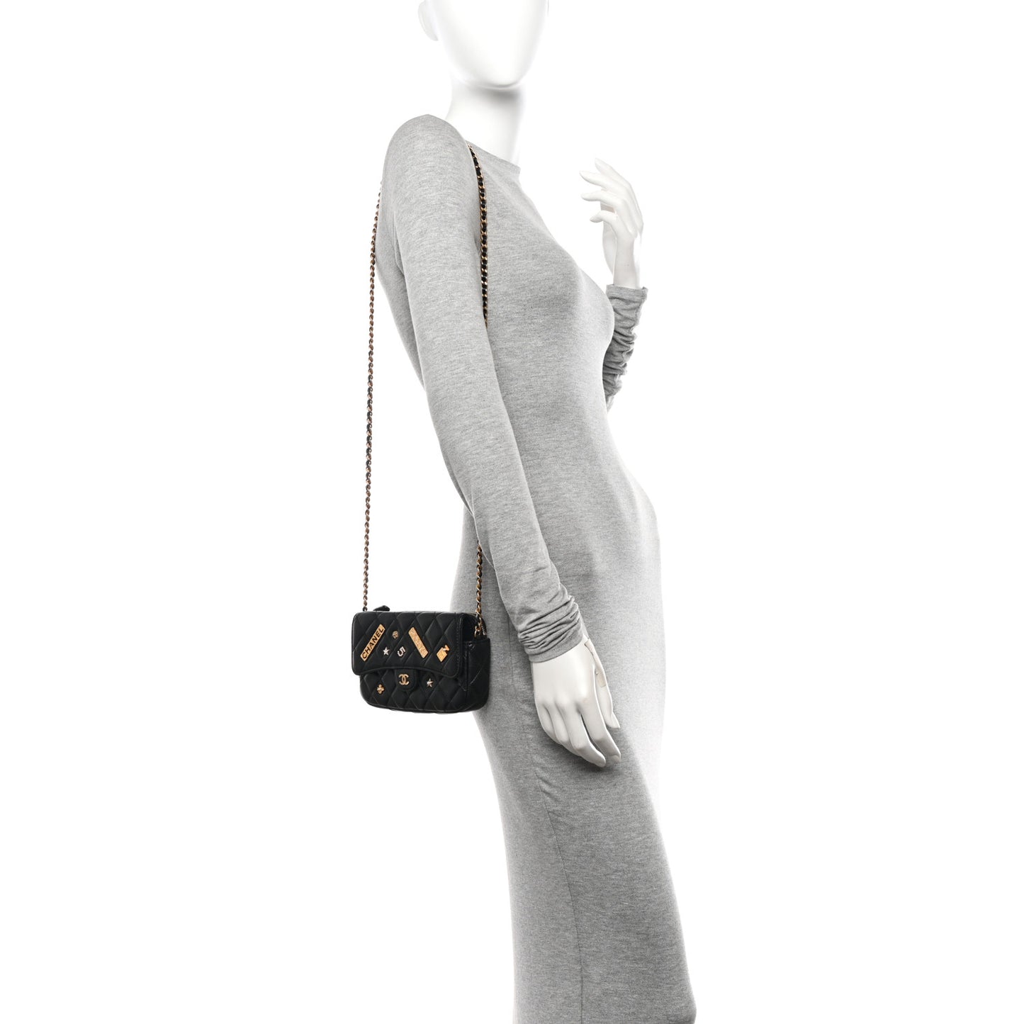 Lambskin Quilted Charm Flap Phone Holder With Chain Black