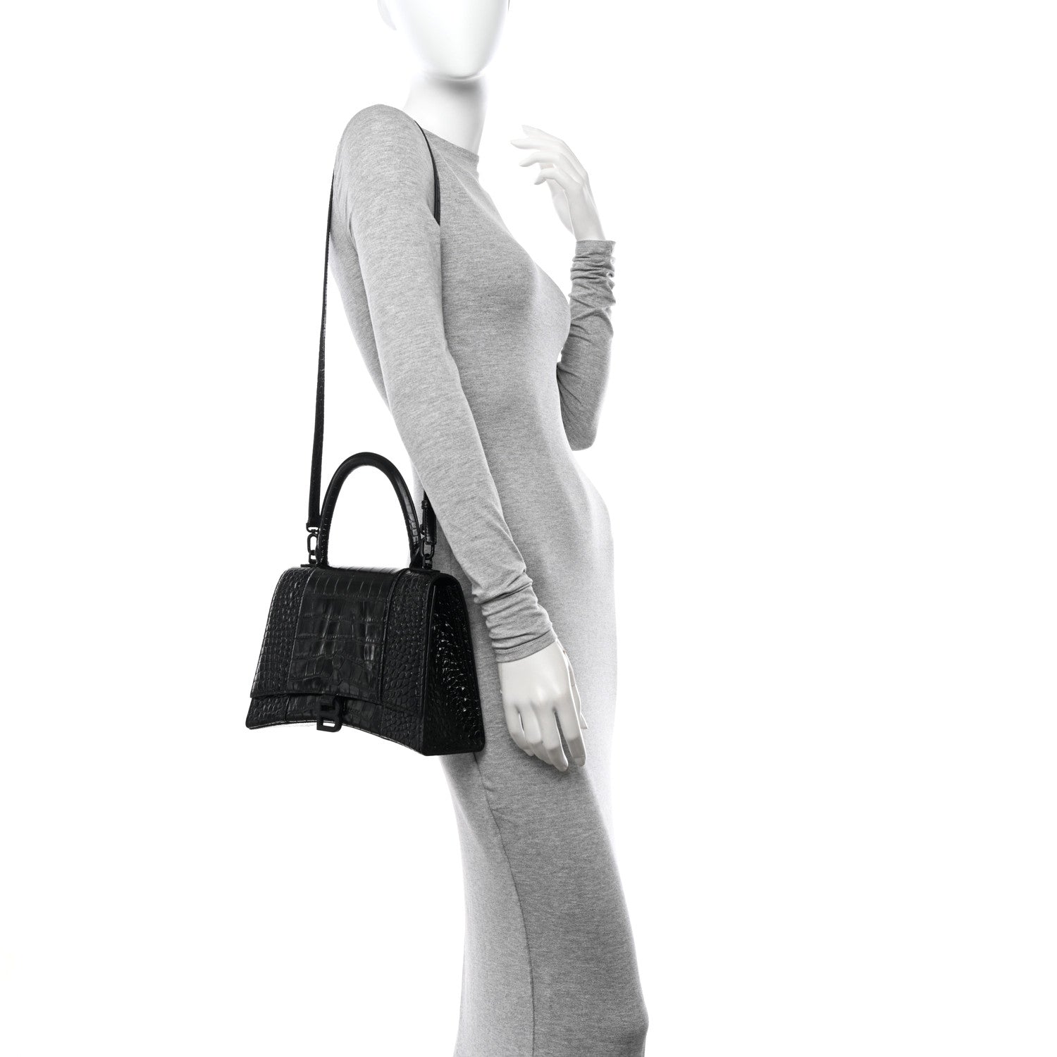 Balenciaga Shiny Calfskin Monochrome Crocodile Embossed Medium Hourglass Top Handle Bag Black 2 of 9