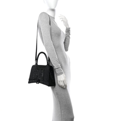 Balenciaga Shiny Calfskin Monochrome Crocodile Embossed Medium Hourglass Top Handle Bag Black 2 of 9