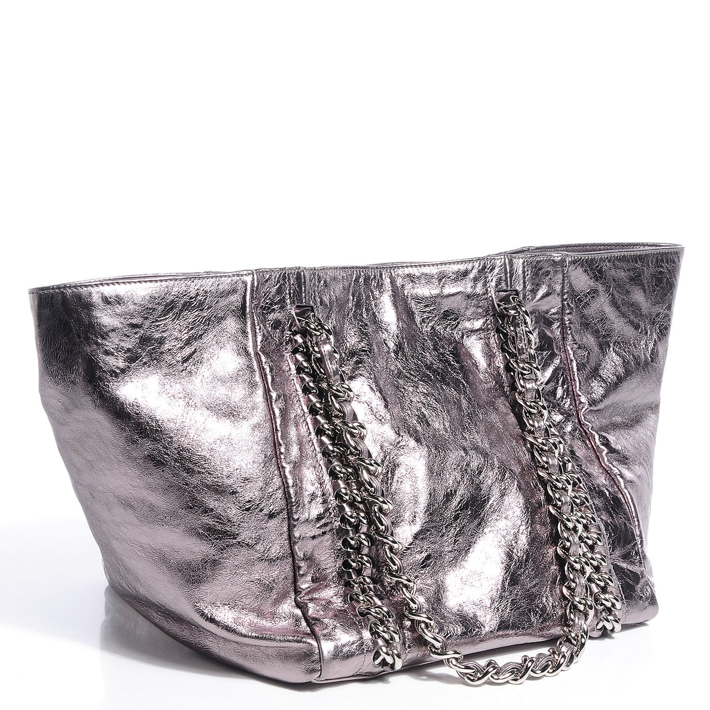 Metallic Cracked Calfskin Modern Chain Tote Dark Silver