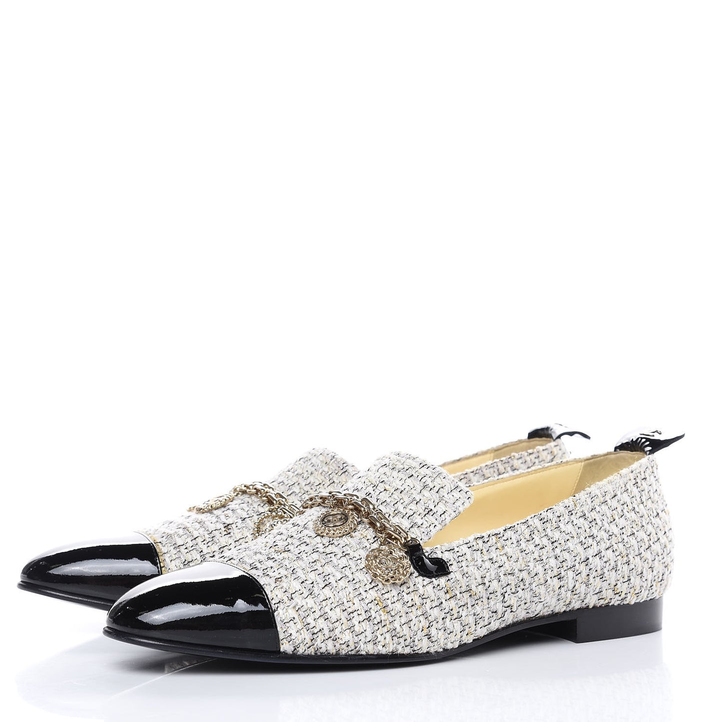 Tweed Patent Cap Toe Loafers 40 Ecru Black Gold