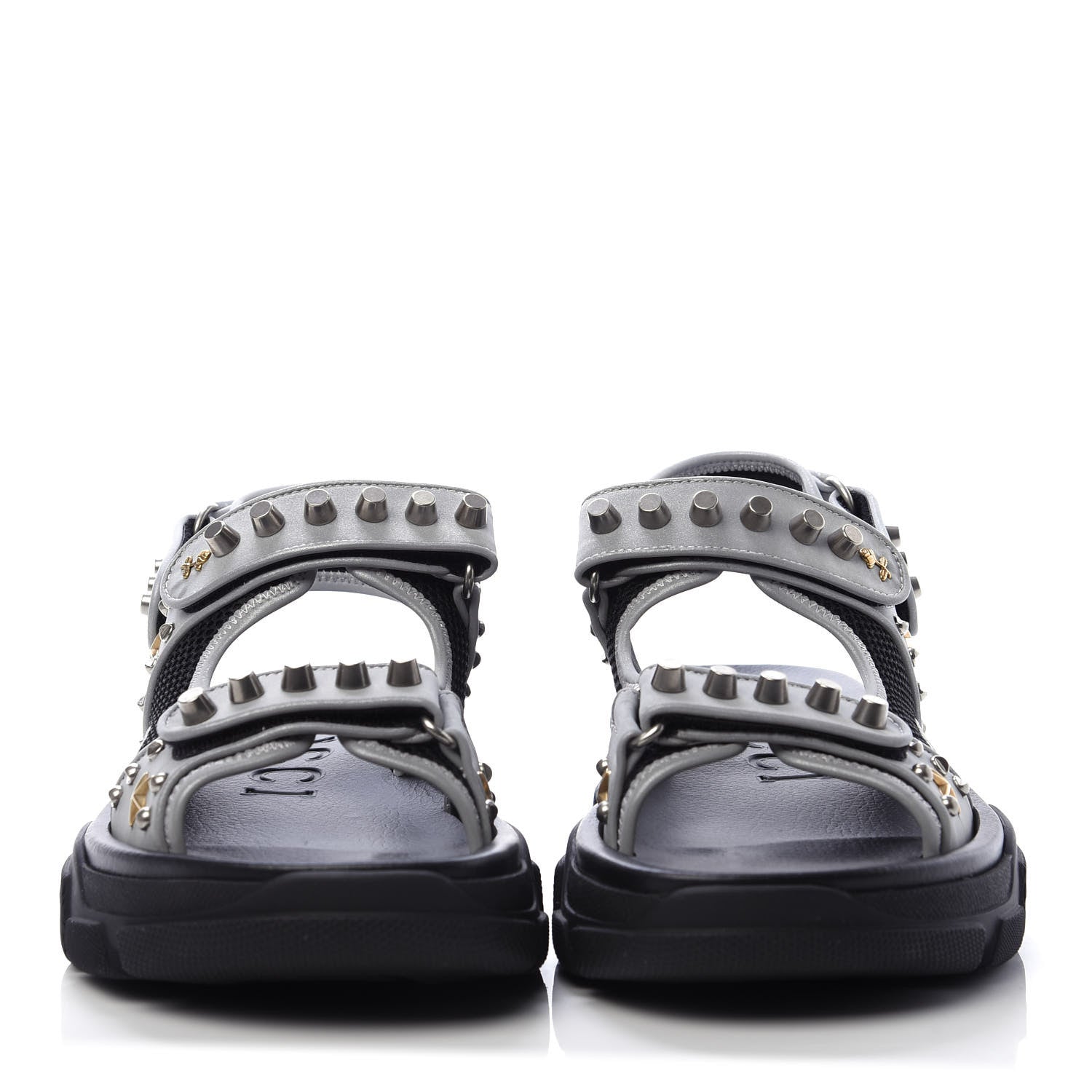 Gucci Technical Canvas Calfskin Reflective Studded Mens Aguru Sandals 9 Silver Black 2 of 8