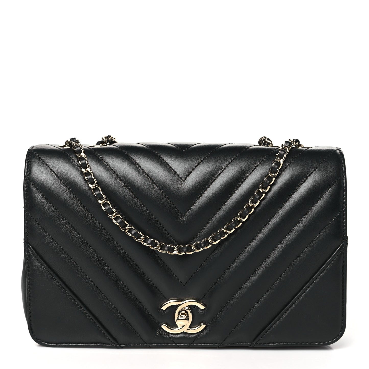 Calfskin Chevron Quilted Medium Statement Flap Black