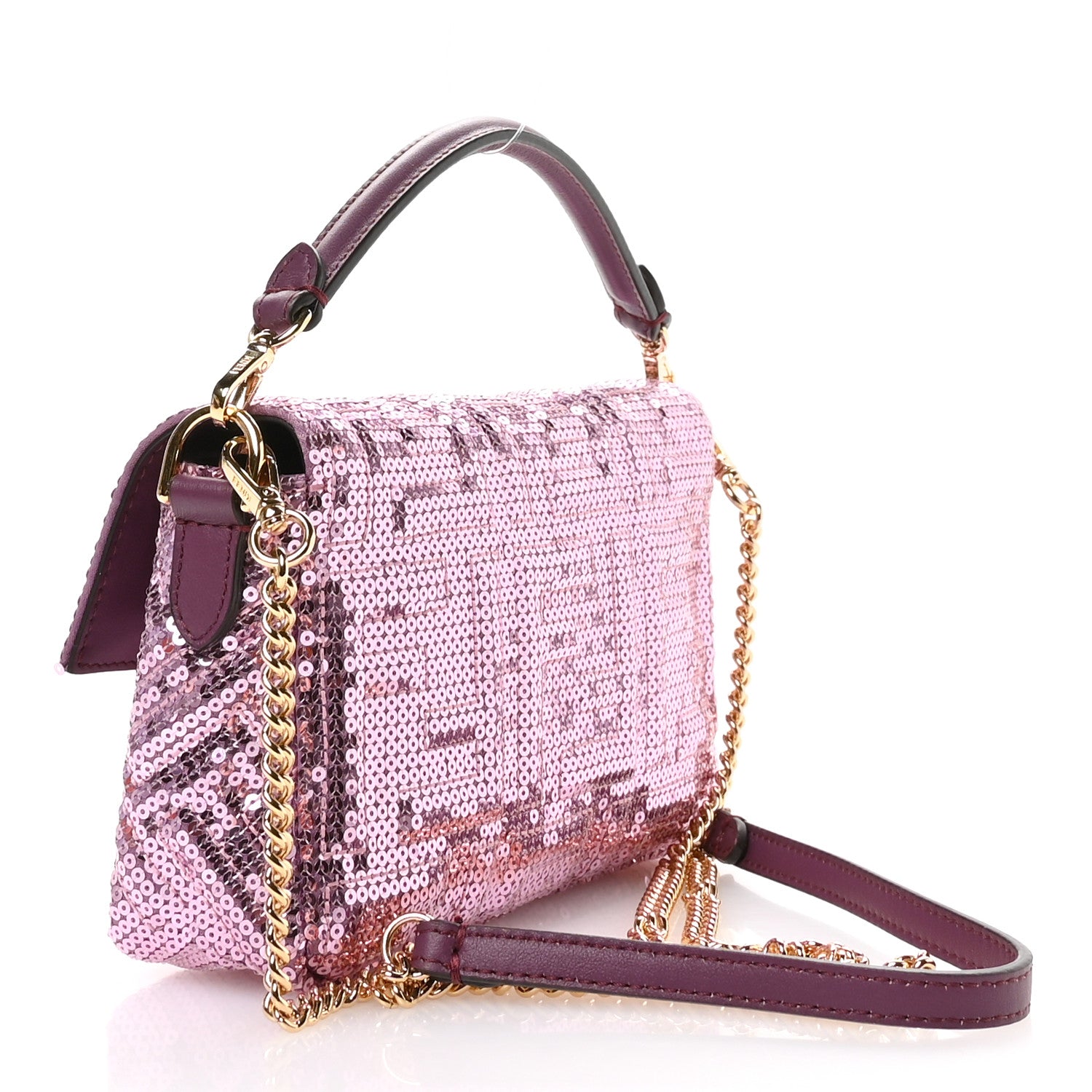 Fendi Ricamo Sequin Paillettes Vitello Grace FF Mini Baguette Rosa