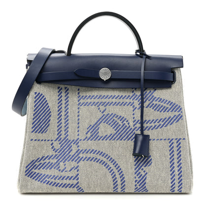 Hermes Vache Hunter Toile H Brides de Gala Herbag Zip Retourne 31 PM Bleu De France Ecru Black 1 of 13