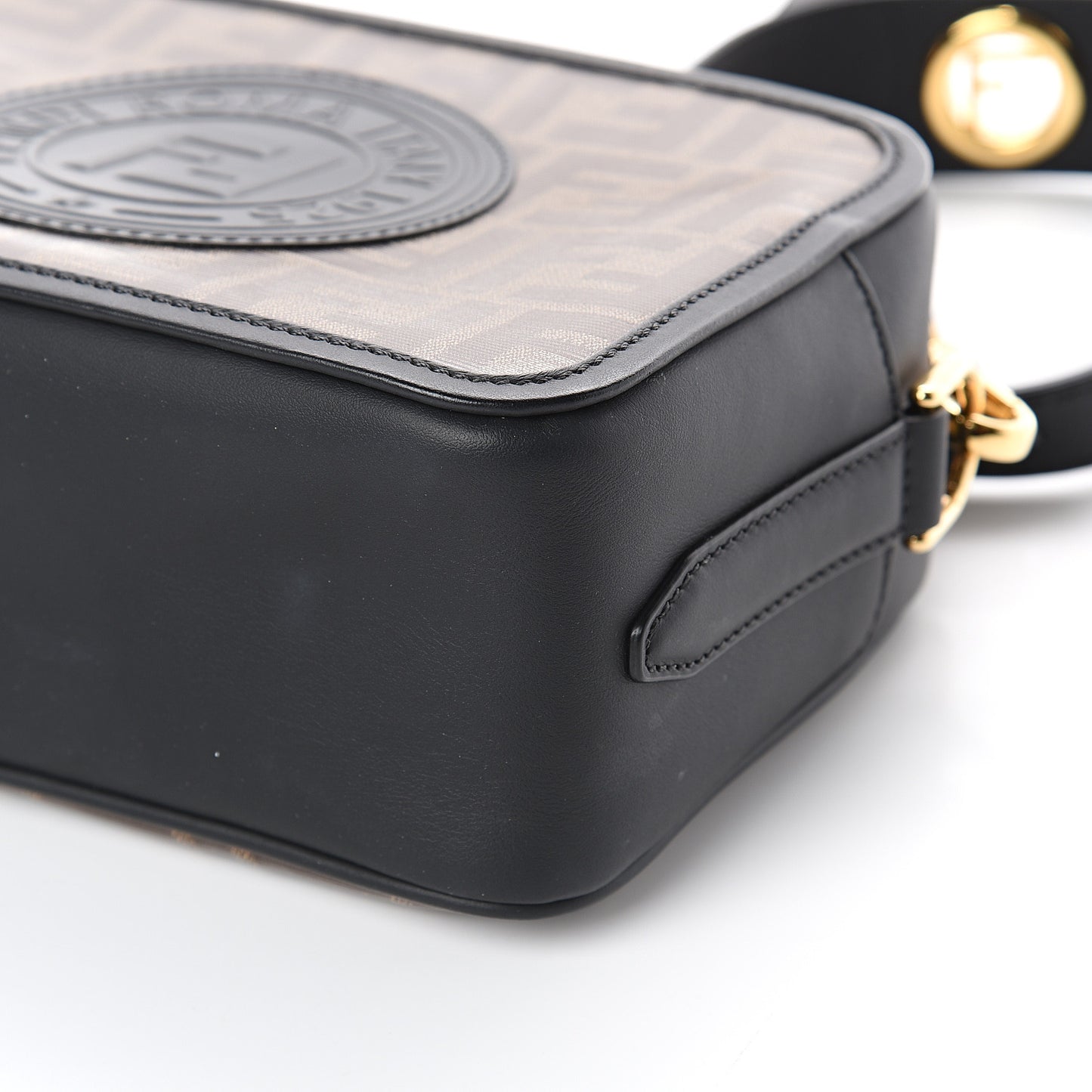 Glazed Fabric Vitello Century F is Fendi FF 1974 Stamp Patch Camera Case Mogano Panna Black