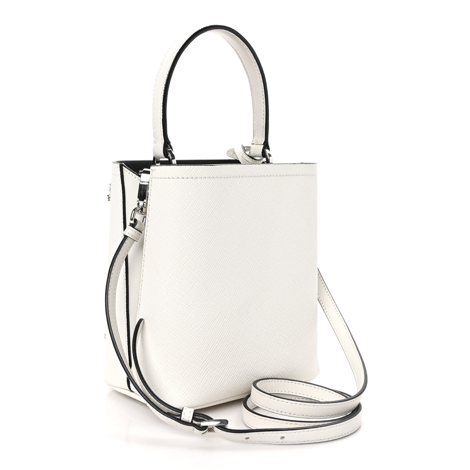 Prada Saffiano Cuir Crystal Small Panier Bucket Bag White Black 3 of 9