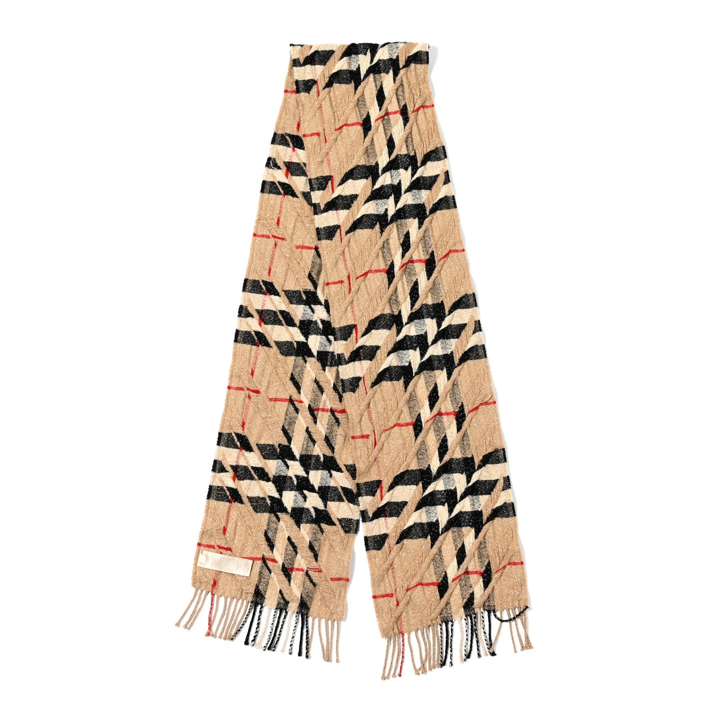 Metallic Cashmere Giant Check Fringe Scarf Camel