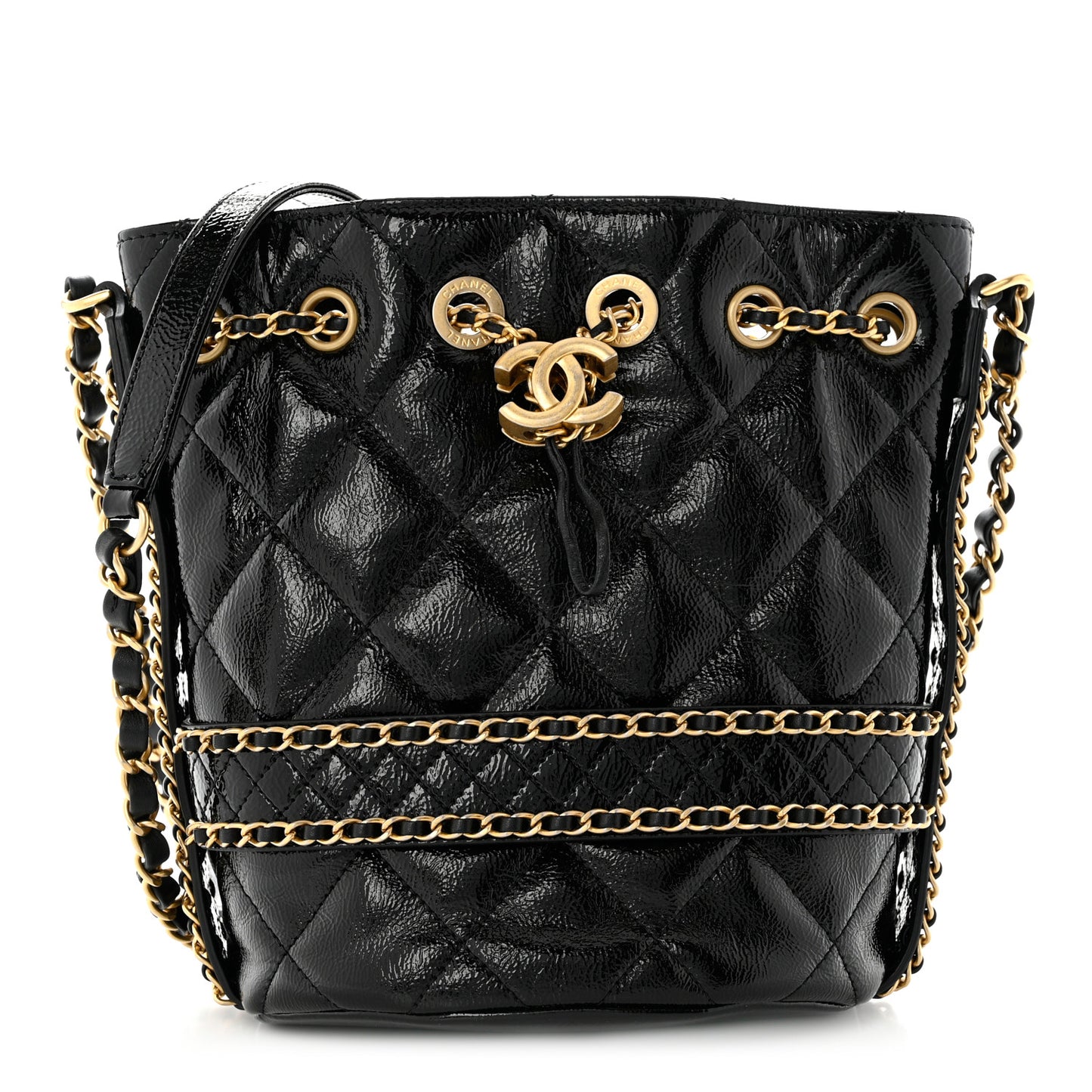 Shiny Aged Calfskin Quilted Chain Bucket Drawstring Bag Black