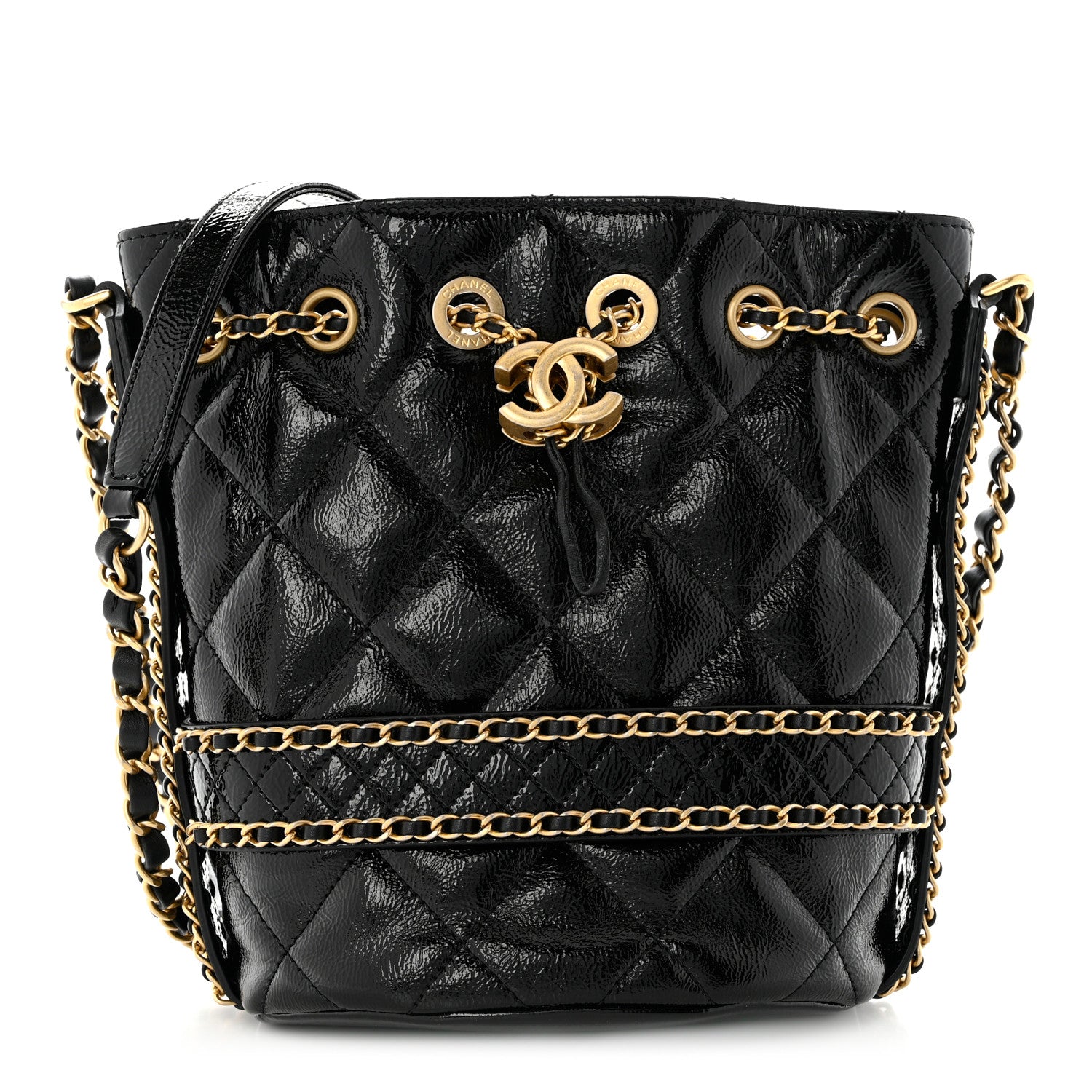 Chanel Shiny Aged Calfskin Quilted Chain Bucket Drawstring Bag Black 1 of 11