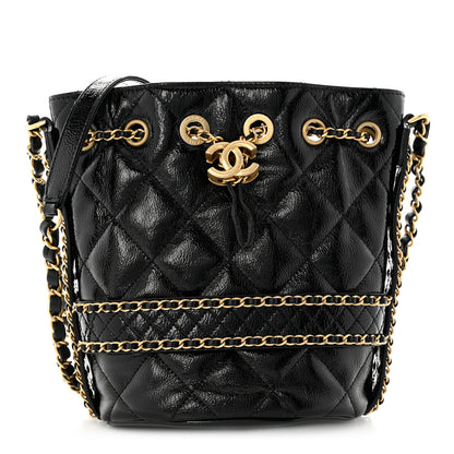 Chanel Shiny Aged Calfskin Quilted Chain Bucket Drawstring Bag Black 1 of 11