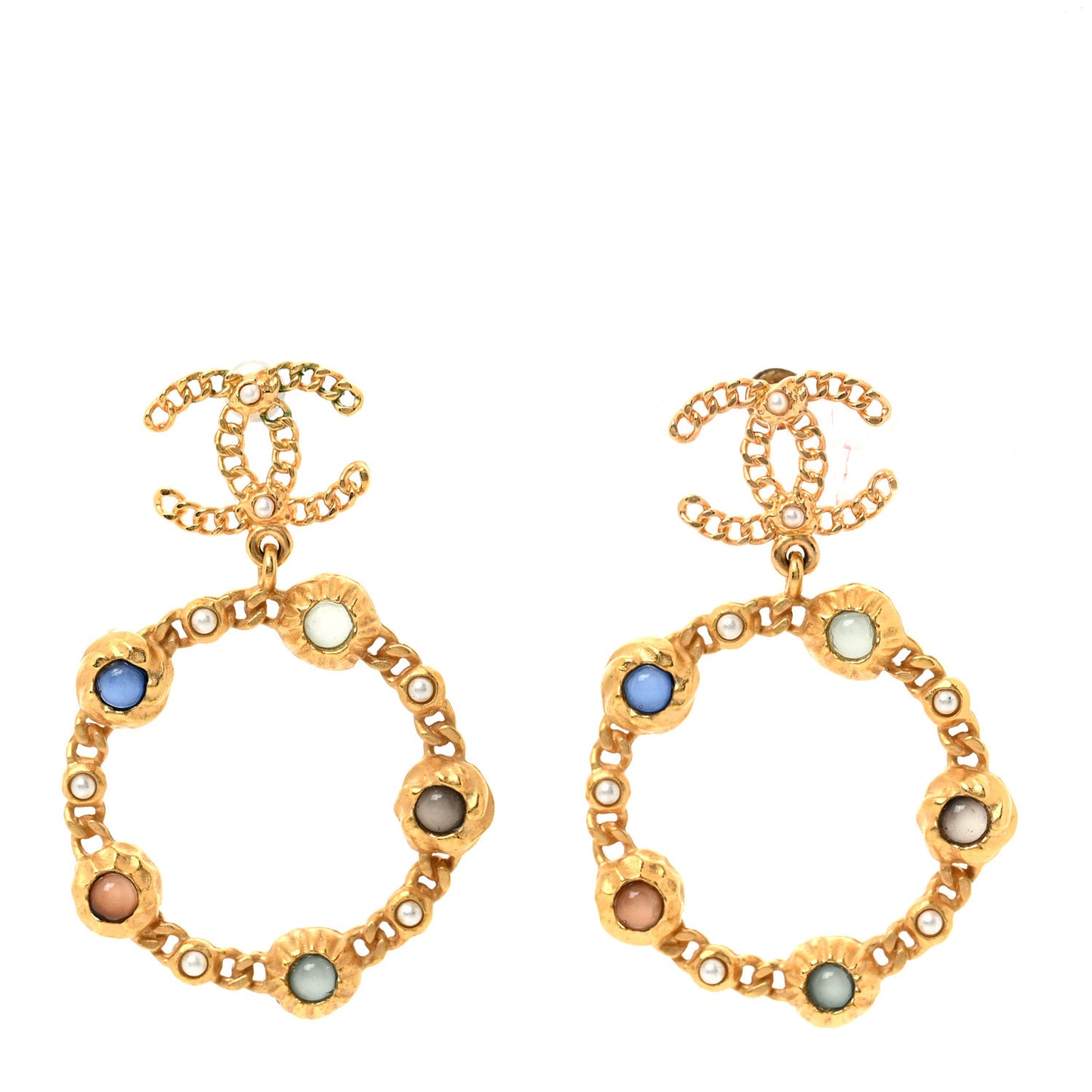 Pearl Gripoix CC Chain Drop Hoop Earrings Gold
