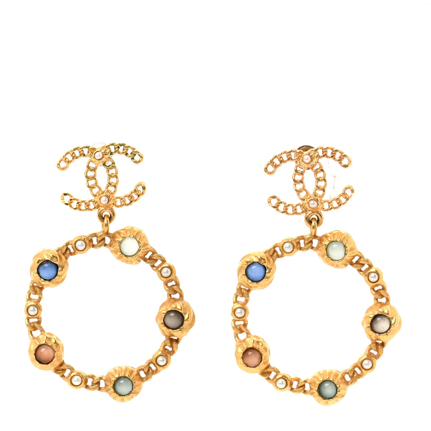 Chanel Pearl Gripoix CC Chain Drop Hoop Earrings Gold 1 of 5