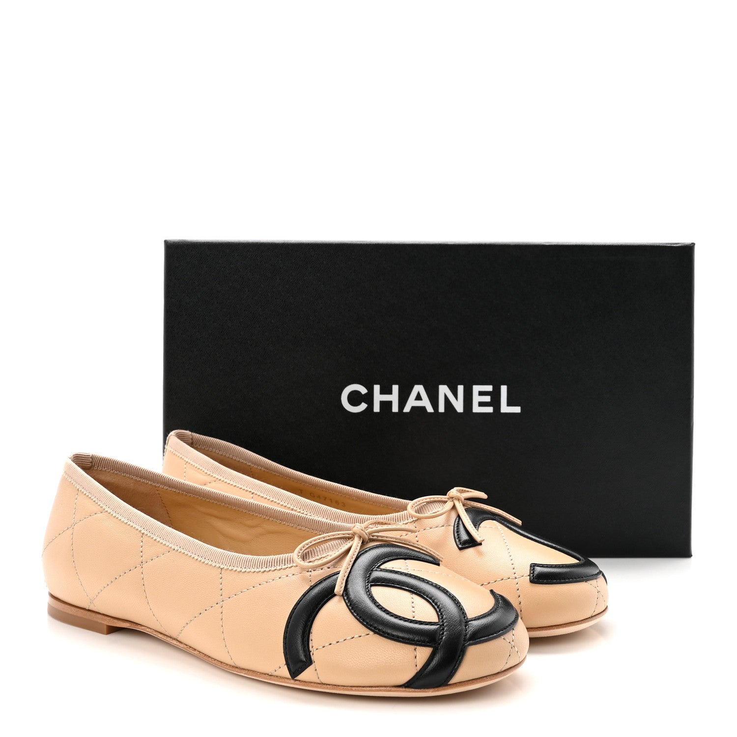 Chanel Lambskin Quilted CC Cambon Ballet Flats 38 Beige Black 10 of 10