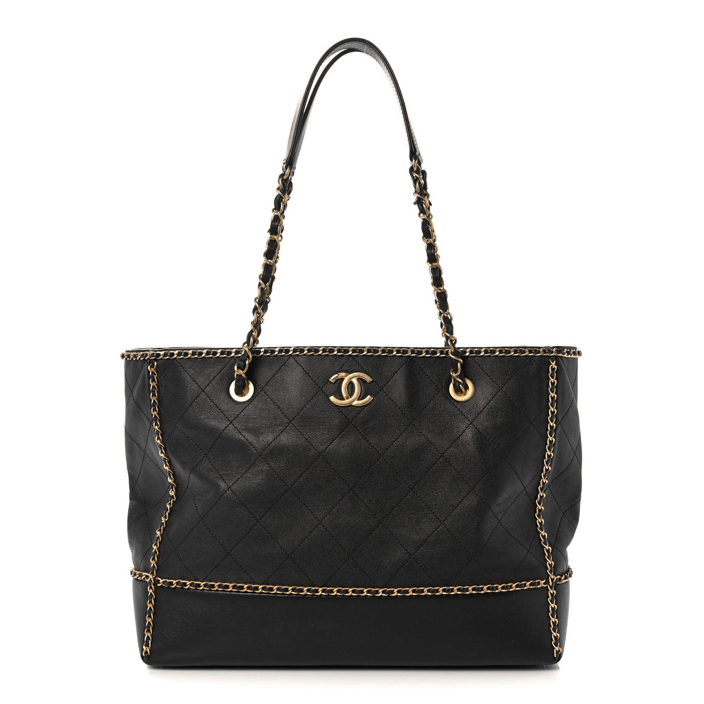 Calfskin Quilted Chain Lines Shopping Tote Black