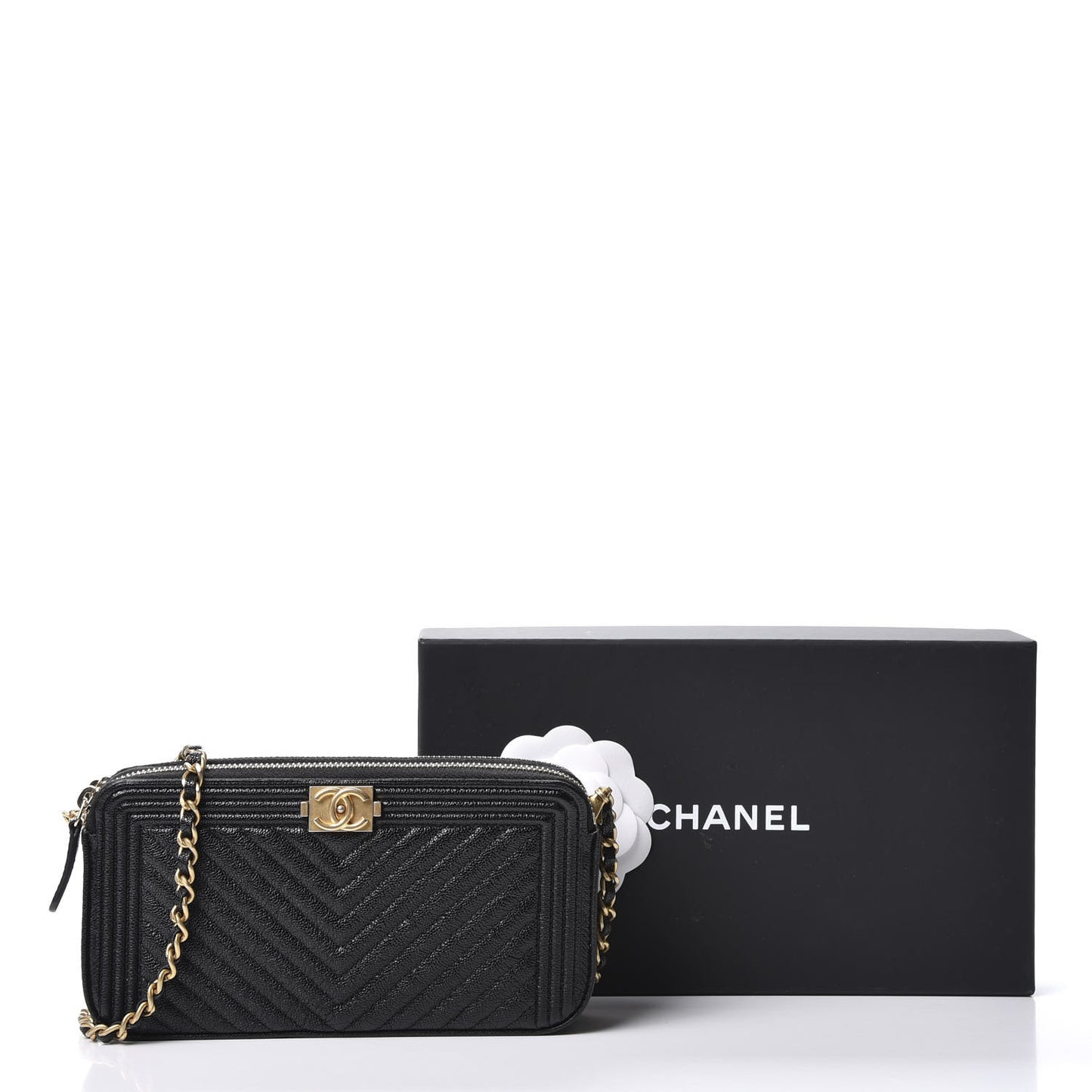 Caviar Chevron Small Boy Clutch With Chain Black