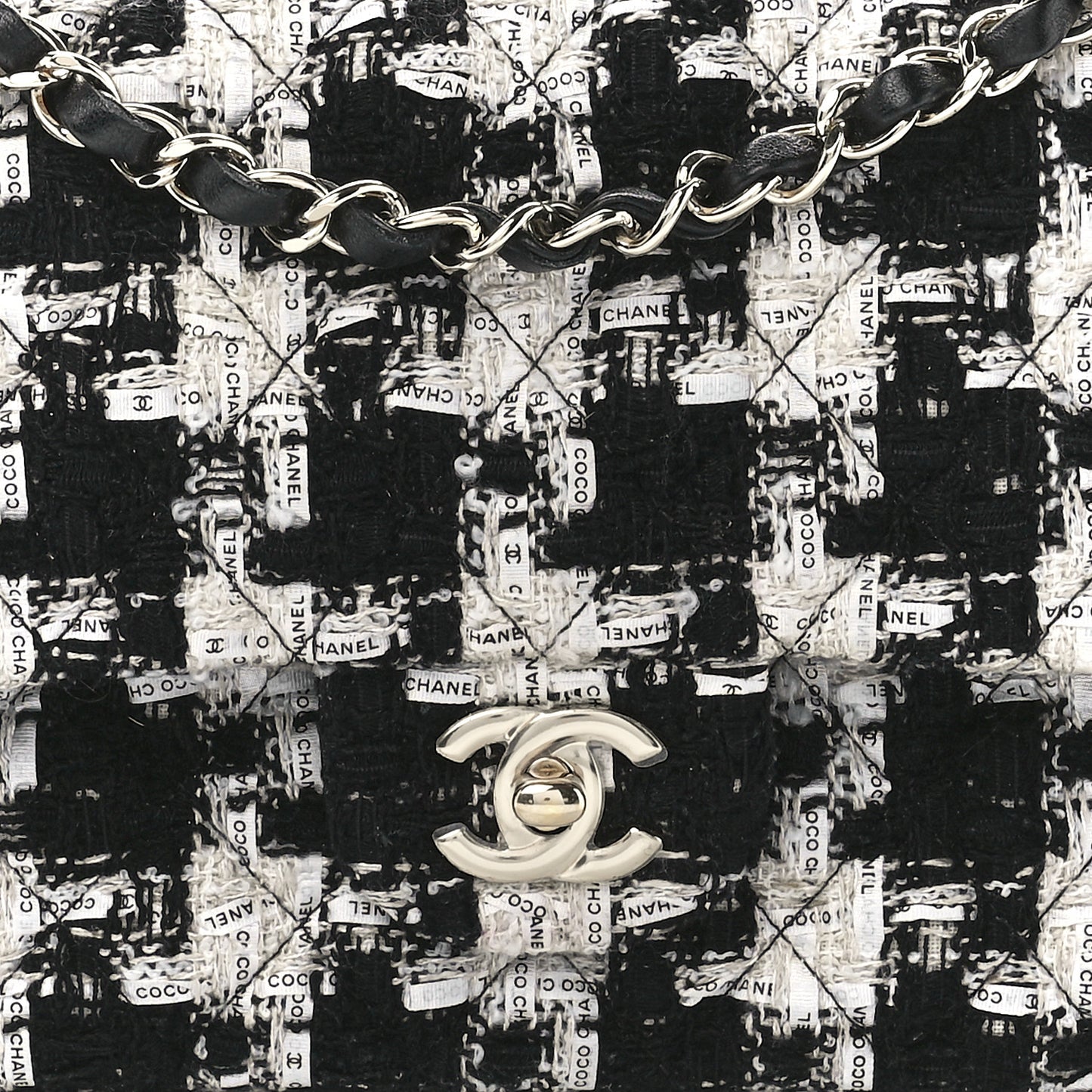Tweed Quilted Medium Double Flap Black Ecru White