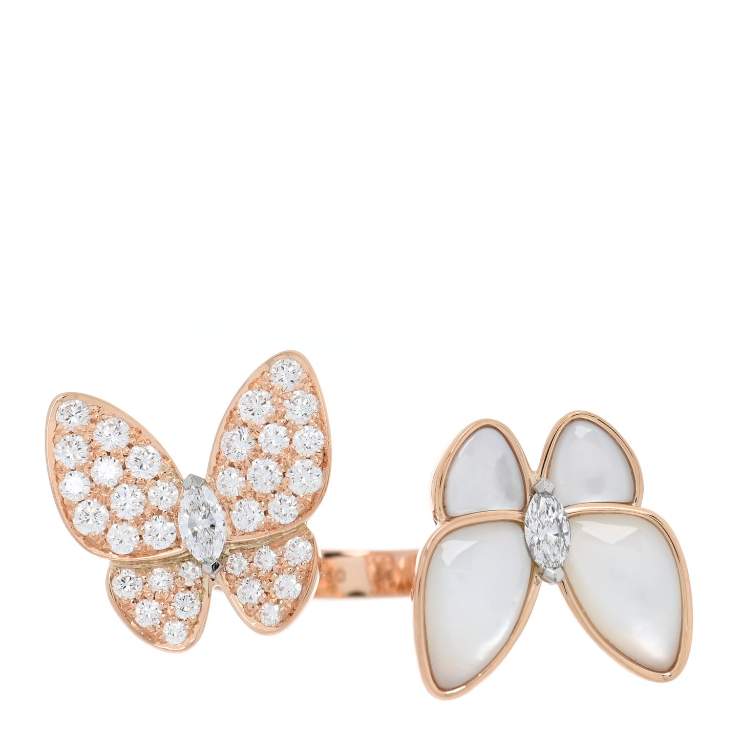 18K Rose Gold Diamond Mother of Pearl Two Butterfly Between The Finger Ring 54 6.75