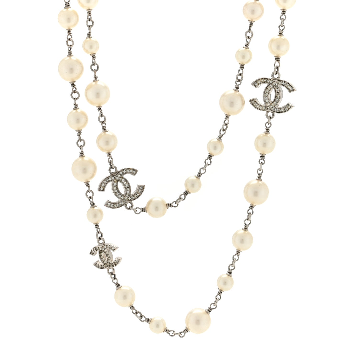Chanel Crystal Pearl CC Long Necklace Silver 1 of 4