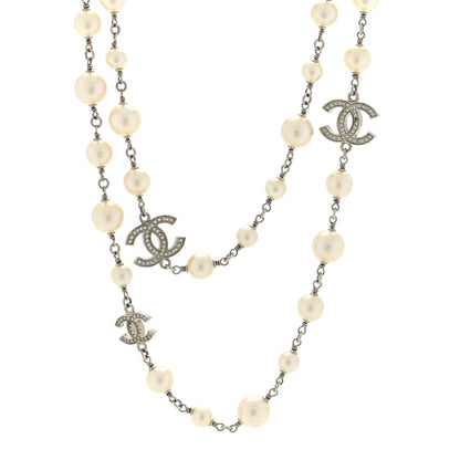 Chanel Crystal Pearl CC Long Necklace Silver 1 of 4