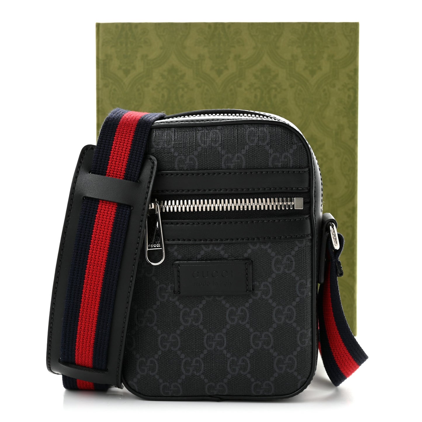GG Supreme Monogram Appia Calfskin Web Small Camera Messenger Bag Black Grey