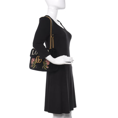 Gucci Velvet Matelasse Loved Embroidered Medium GG Marmont Shoulder Bag Black 2 of 11