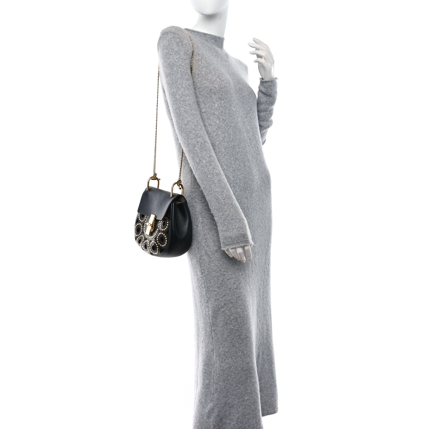 Chloe Calfskin Suede Studded Drew Shoulder Bag Black 2 of 8