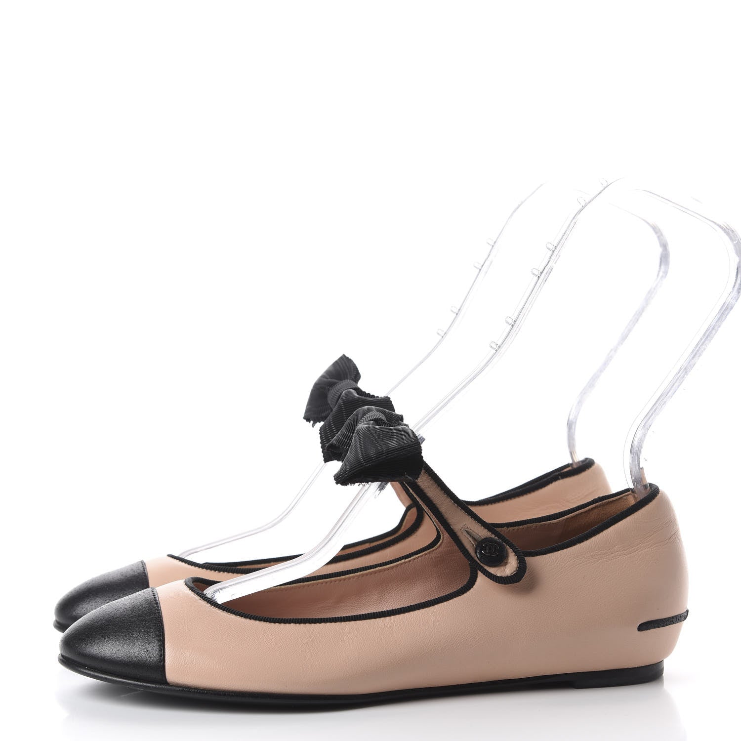 Chanel Lambskin Bow Mary Jane Ballerina Flats 38 Beige Black 2 of 10