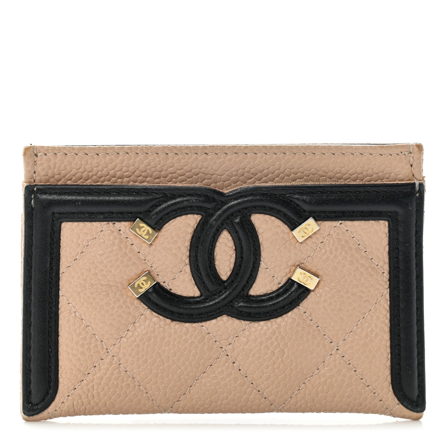 Caviar Quilted Filigree Card Holder Beige Black