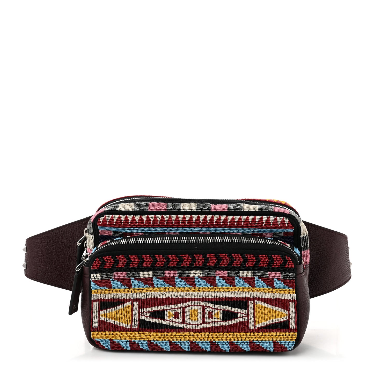 Pebbled Calfskin Beaded Rockstud Belt Bag Burgundy Multicolor