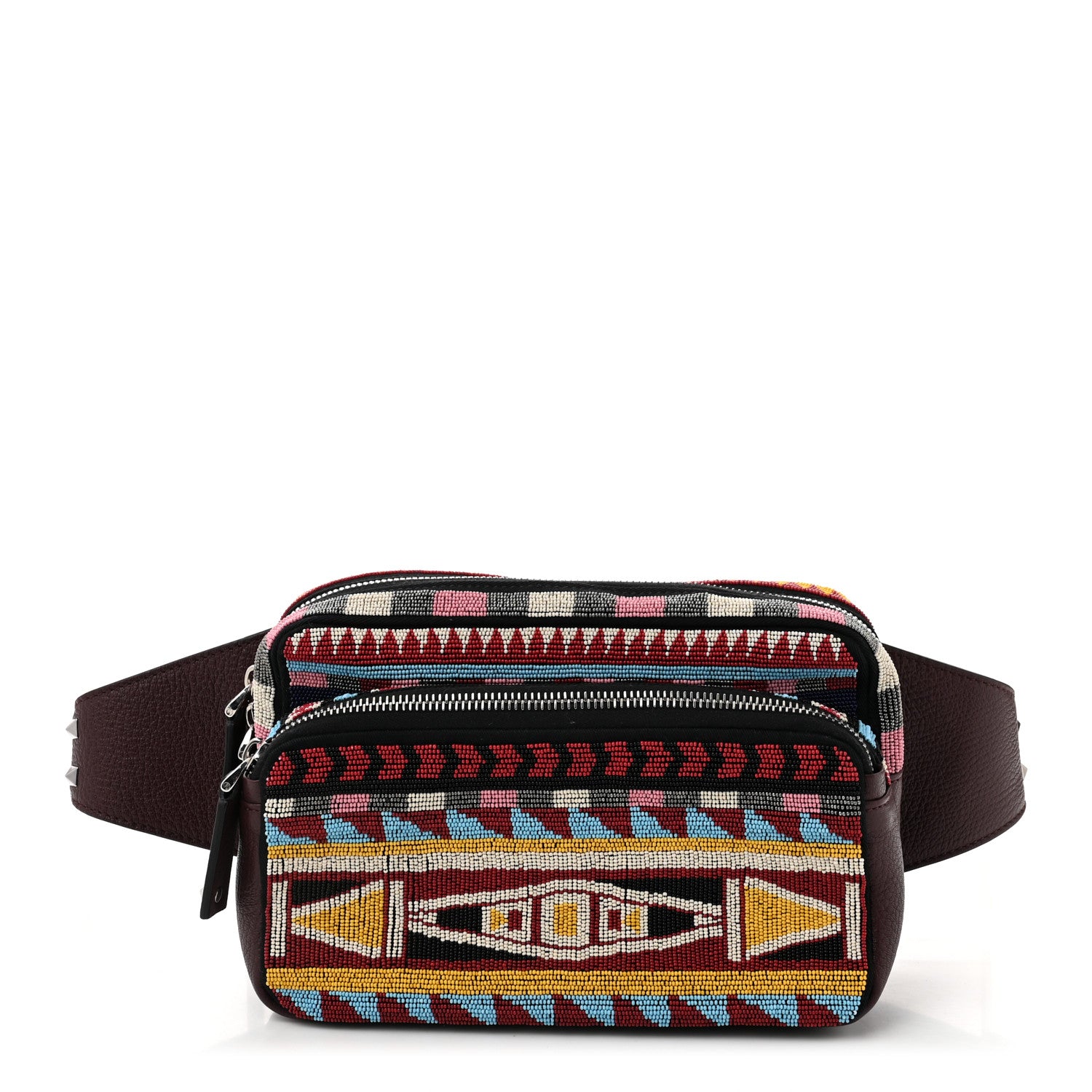 Valentino Garavani Pebbled Calfskin Beaded Rockstud Belt Bag Burgundy Multicolor 1 of 9