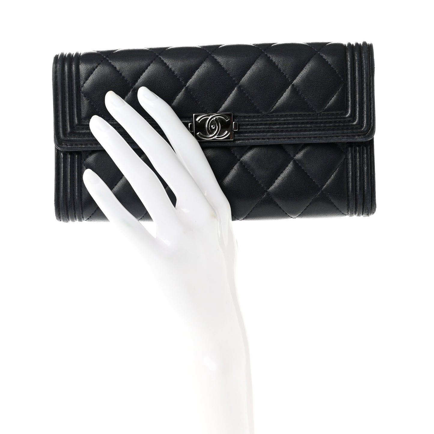 Lambskin Quilted Boy Large Gusset Flap Wallet Navy