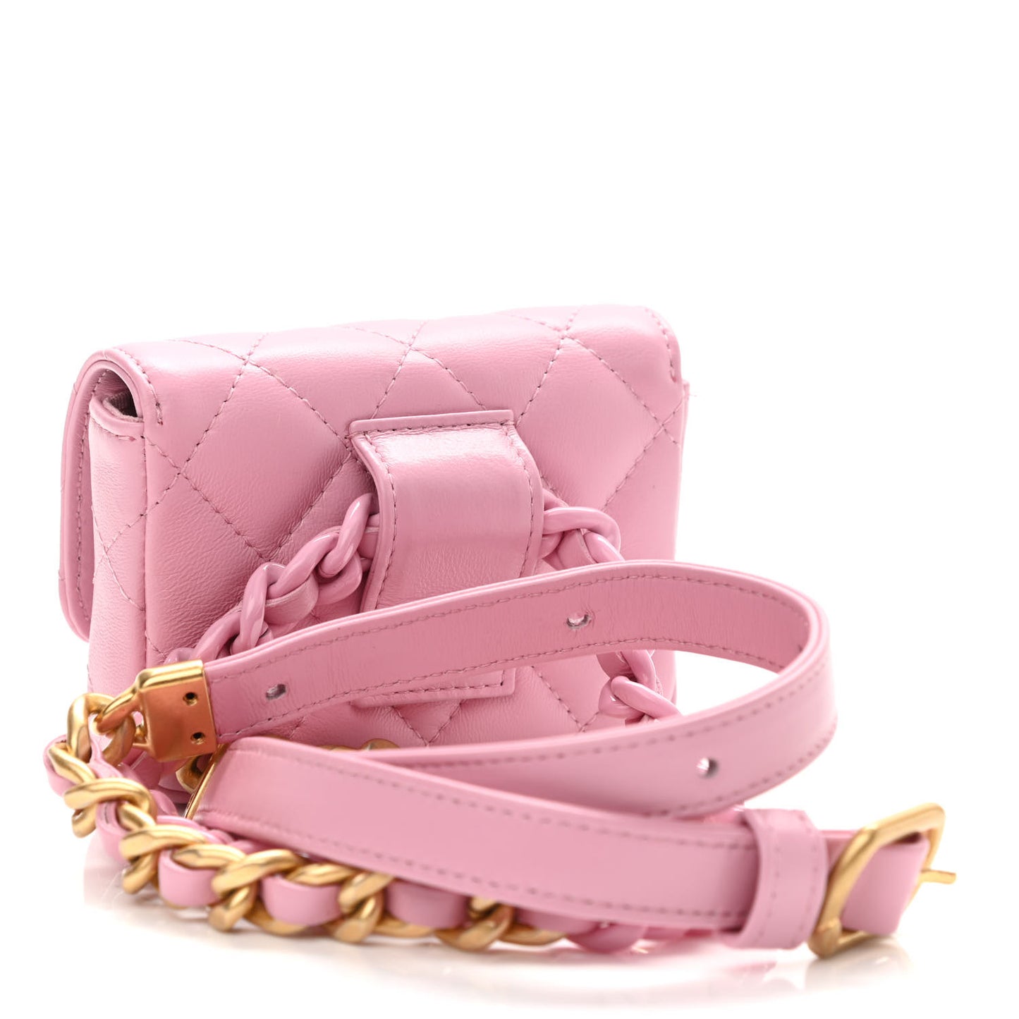 Lambskin Lacquered Metal Quilted Flap Chain Belt Bag Pink
