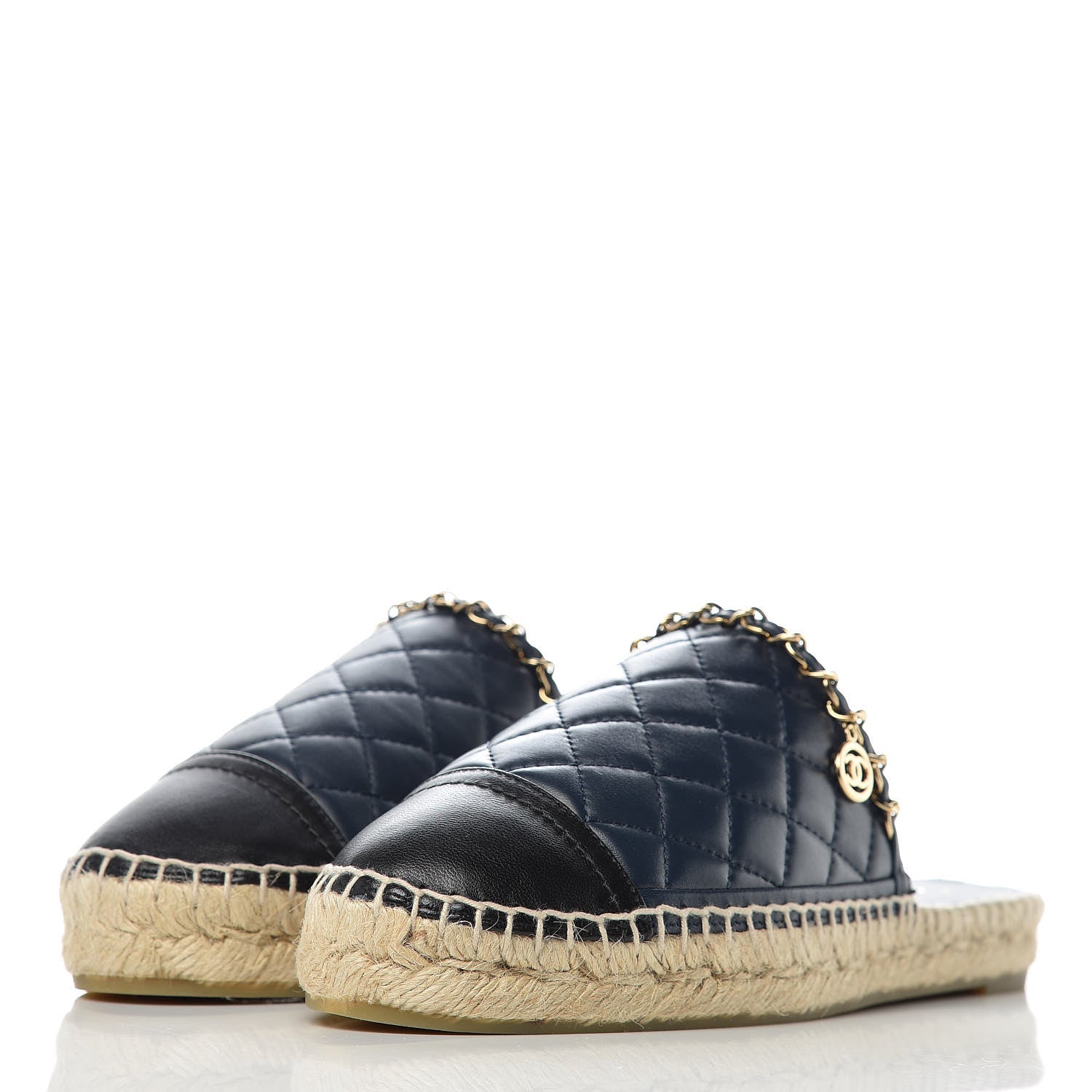 Chanel Lambskin Quilted CC Chain Espadrille Mules 38 Navy Black 3 of 14