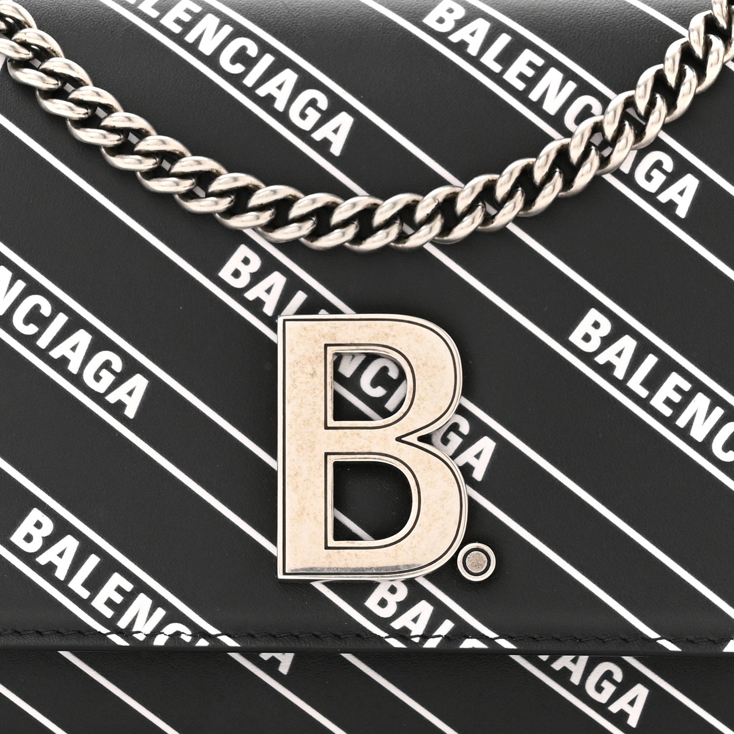 Balenciaga Matte Calfskin Diagonal Allover Logo Print B Wallet on Chain Black White 7 of 9