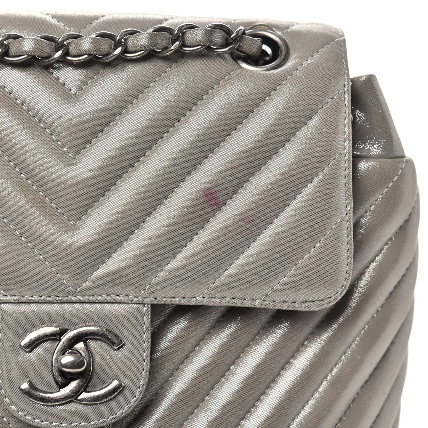 Metallic Iridescent Calfskin Chevron Quilted Small Urban Spirit Backpack Silver