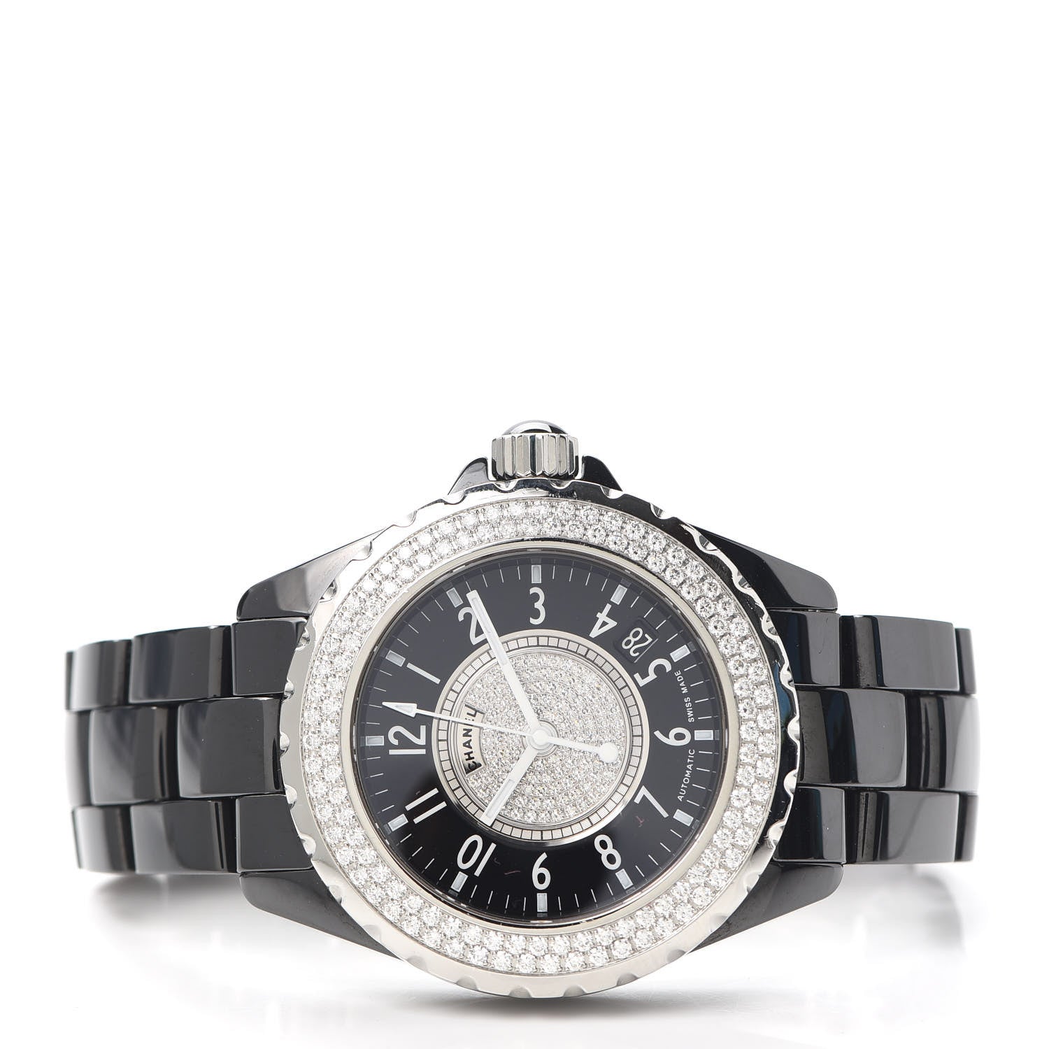 Chanel Stainless Steel Ceramic Diamond Pave Bezel Dial 38mm J12 Automatic Watch Black 2 of 5