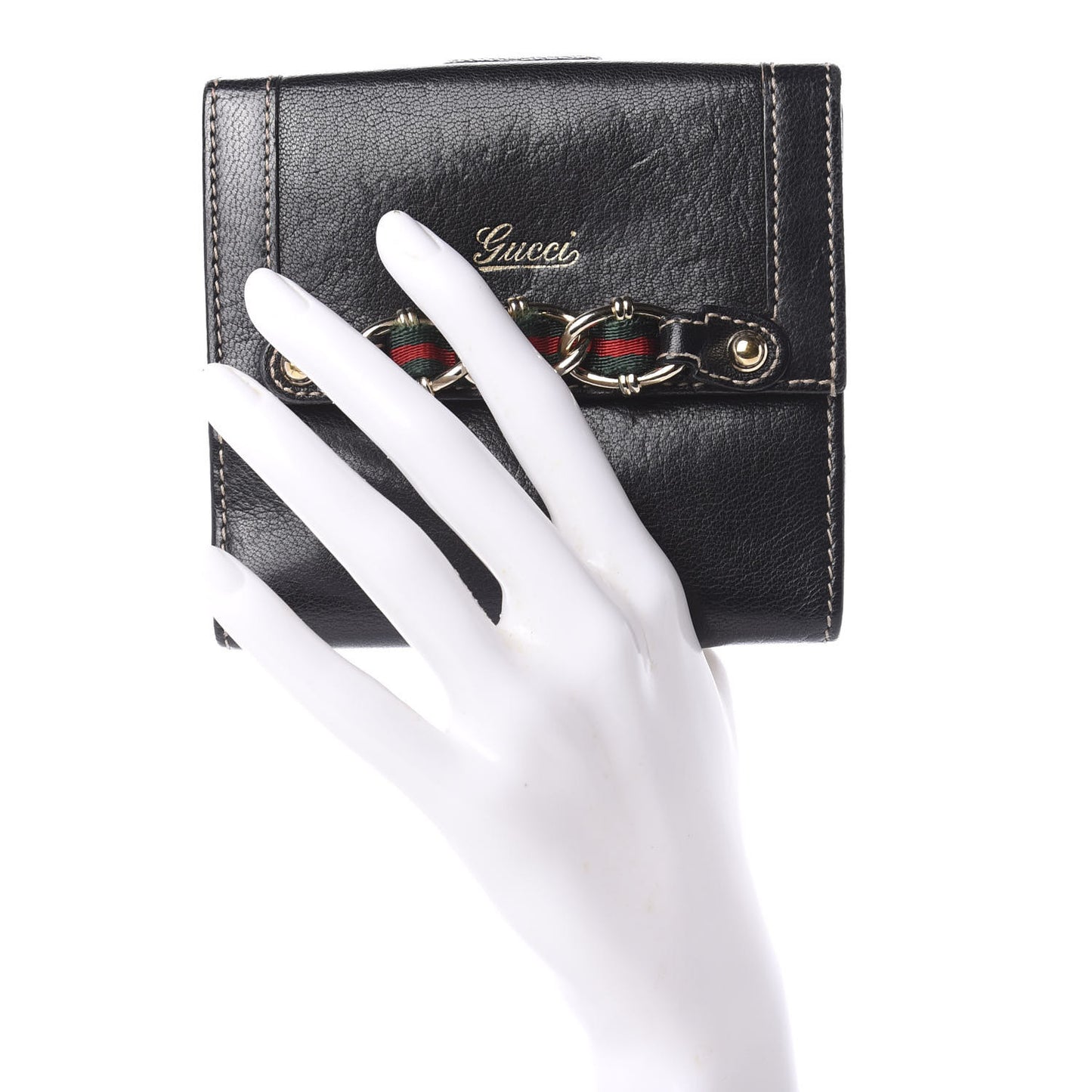 Calfskin Web Chain Compact Wallet Black