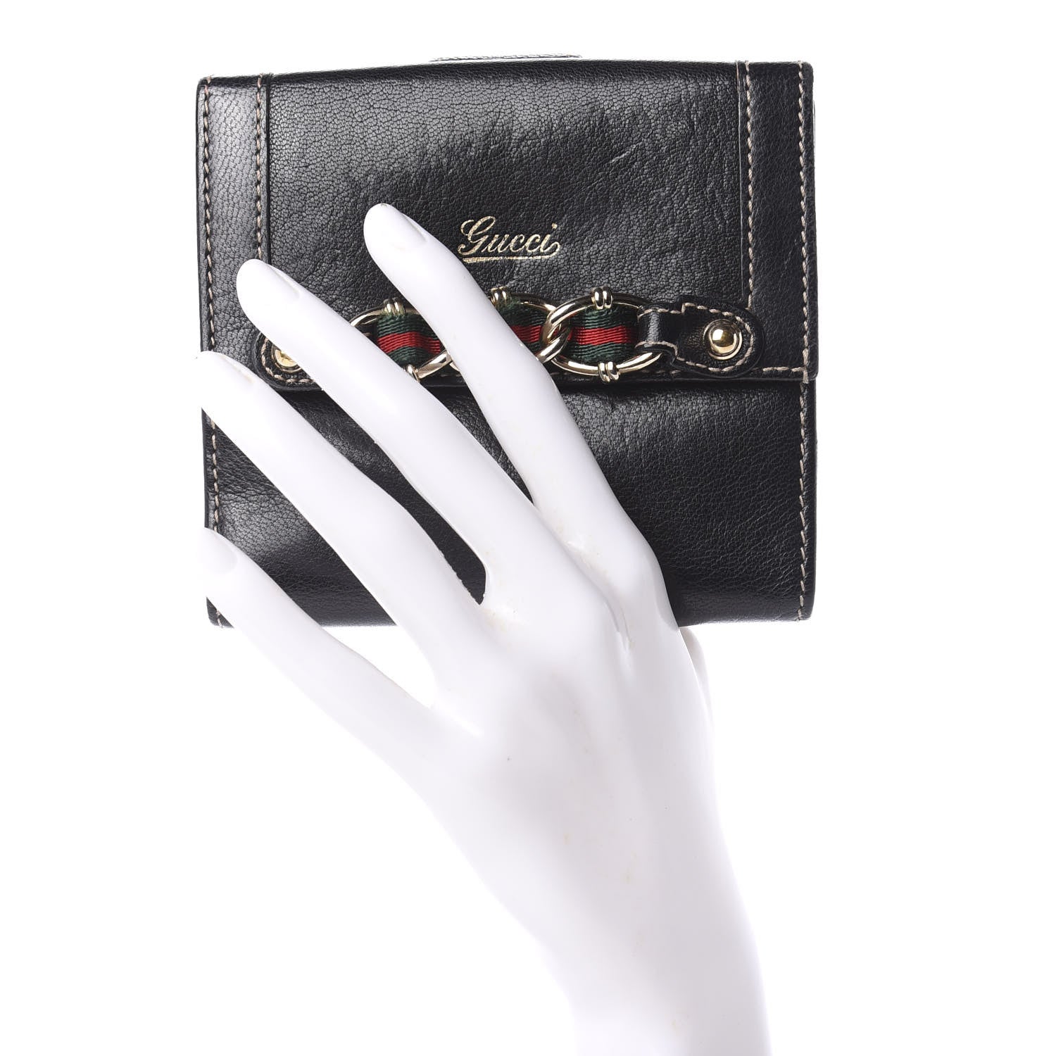 Gucci Calfskin Web Chain Compact Wallet Black 2 of 7
