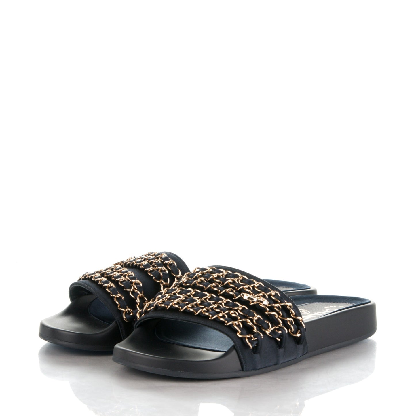 Lambskin Canvas Chain Flat Sandals 37 Marine
