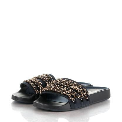 Chanel Lambskin Canvas Chain Flat Sandals 37 Marine 3 of 7
