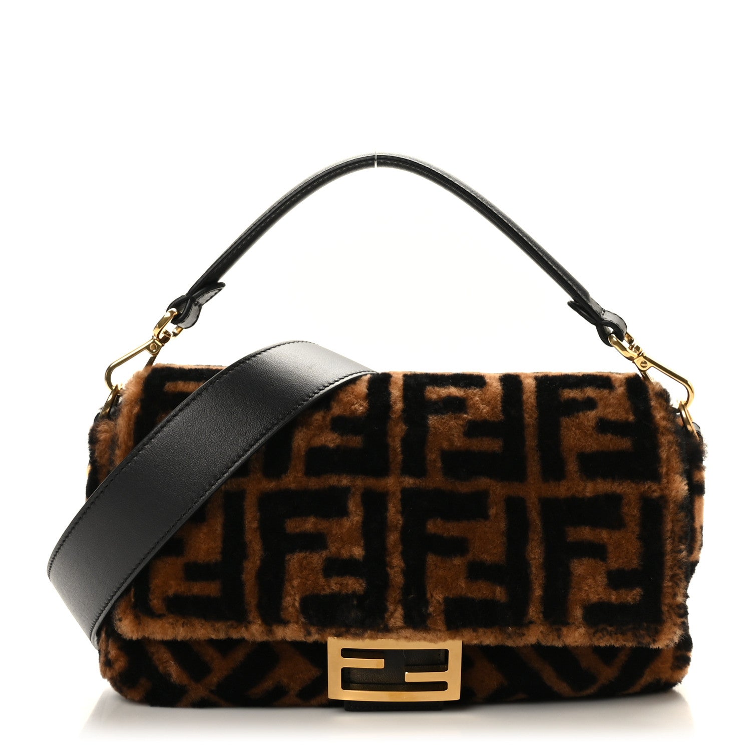 Fendi Shearling Vitello Dolce Macro FF 1974 Baguette Tobacco Black 1 of 9