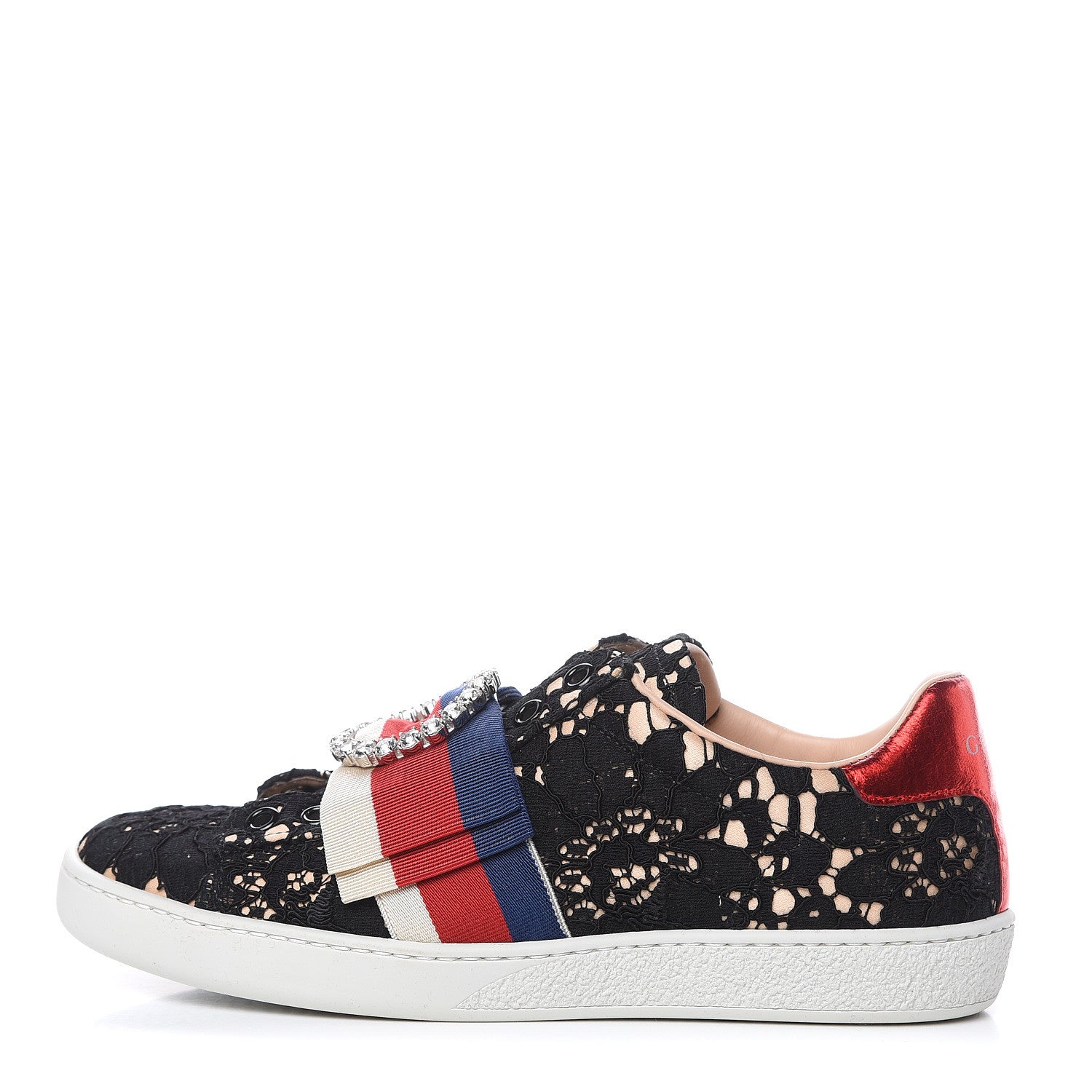 Gucci Lace Crystal Sylvie Web Flower Leaf Womens Ace Sneakers 34.5 Black Tan Beige 1 of 10