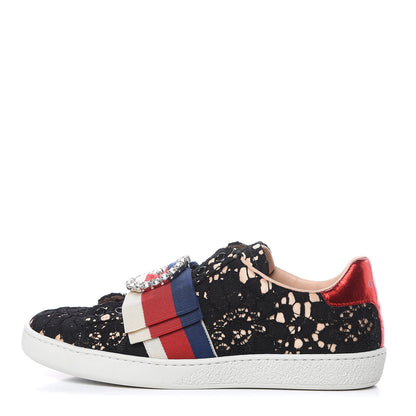 Gucci Lace Crystal Sylvie Web Flower Leaf Womens Ace Sneakers 34.5 Black Tan Beige 1 of 10