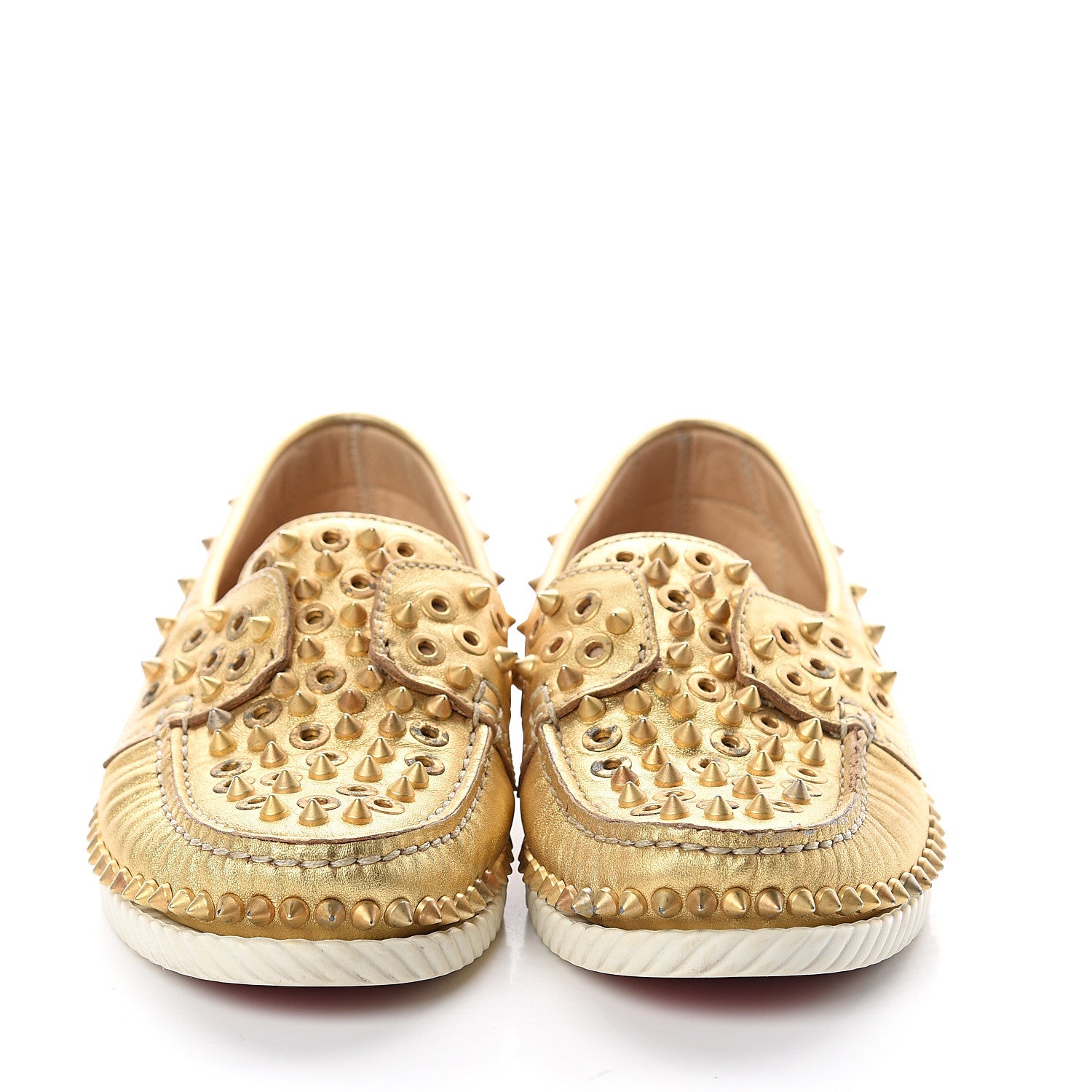Christian Louboutin Nappa Laminata Spikes Womens Yacht Flat Loafers 37.5 Gold Satine 2 of 7