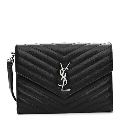 Saint Laurent Grain De Poudre Matelasse Chevron Monogram Envelope Clutch Black 1 of 10
