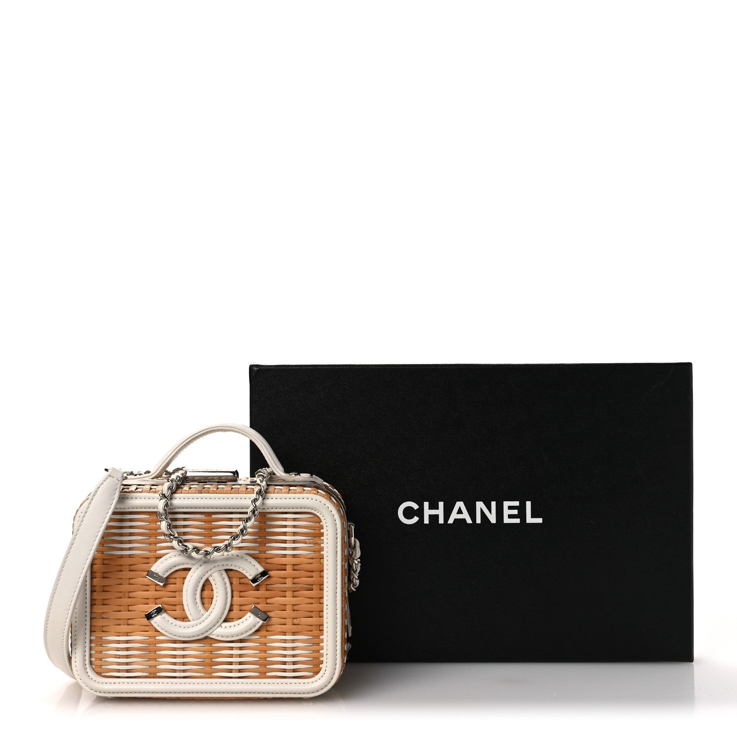 Chanel Raffia Calfskin Small CC Filigree Vanity Case White 15 of 15